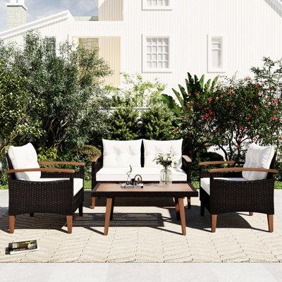 4 patios: PE, table en bois, coussins beiges, pieds réglables, matériaux pour l'eau, couvre-table Jardin: pieds, coussins, intempéries, inclus