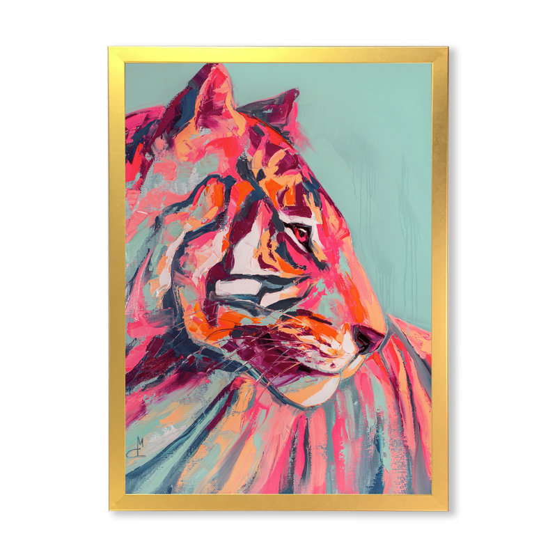 Œil de tigre rose, coup de peinture - peinture, Impression encadrée, H 12 po x l 8 po, Doré
