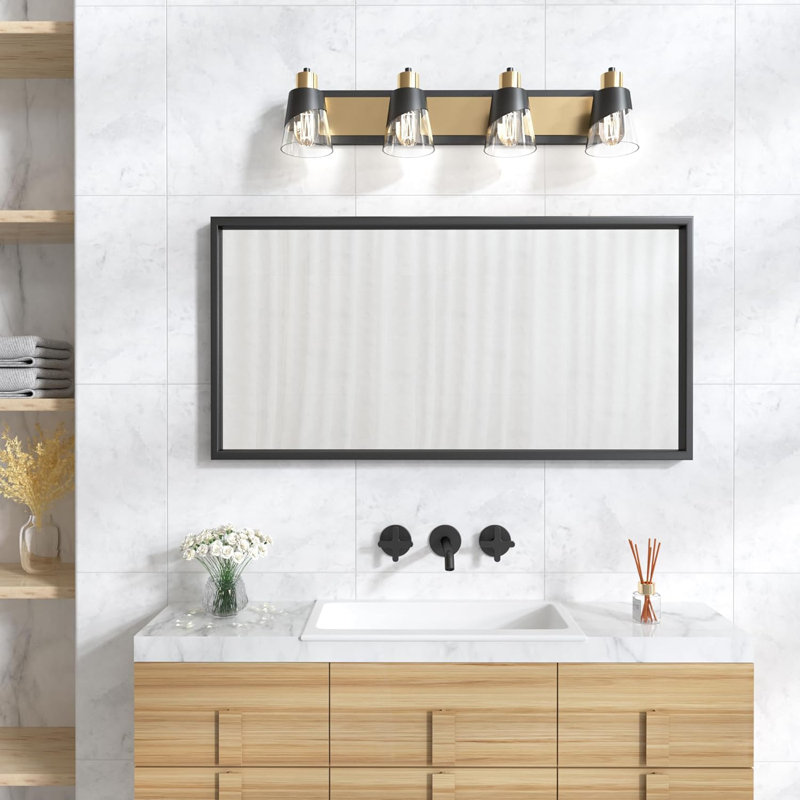 Bathroom Vanity Light Fixture With Bevelled Edge And Clear Glass Shade - Wall Mounted Lamp For Mirror Lighting In Matte Black And Gold Finish
