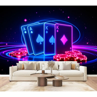 Papier peint à peler et coller Cartes de poker néon Aces King Futuristic Casino Glow Magical Fantasy, peintures murales 69 po x l 96 po, amovible, papier mural en PVC, décoration murale auto-adhésive pour chambre à coucher, bureau à domicile