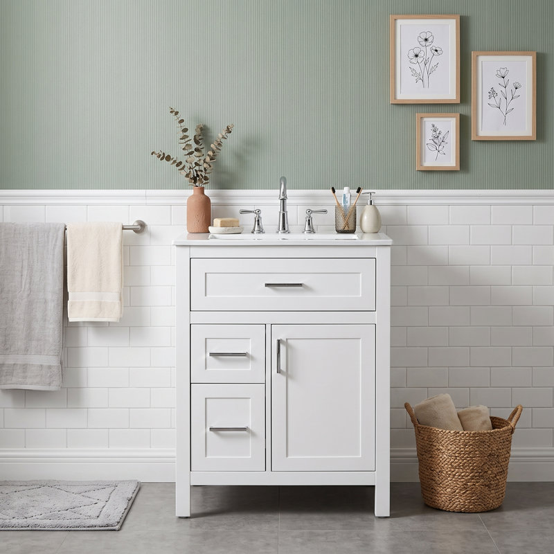Meuble-lavabo autoportant avec lavabo en céramique, tiroir rabattable, 2 tiroirs de rangement, tablette réglable et support de porte