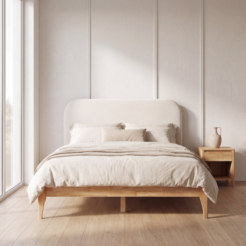 Nuvia Solid Wood Platform Queen Bed with Upholstery Curved Headboard