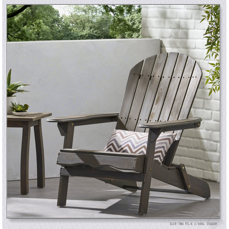 Foldable Acacia Wood Adirondack Chair – Traditional Slats, Wide Armrests, Rustic Outdoor Design, Easy Storage, Gray