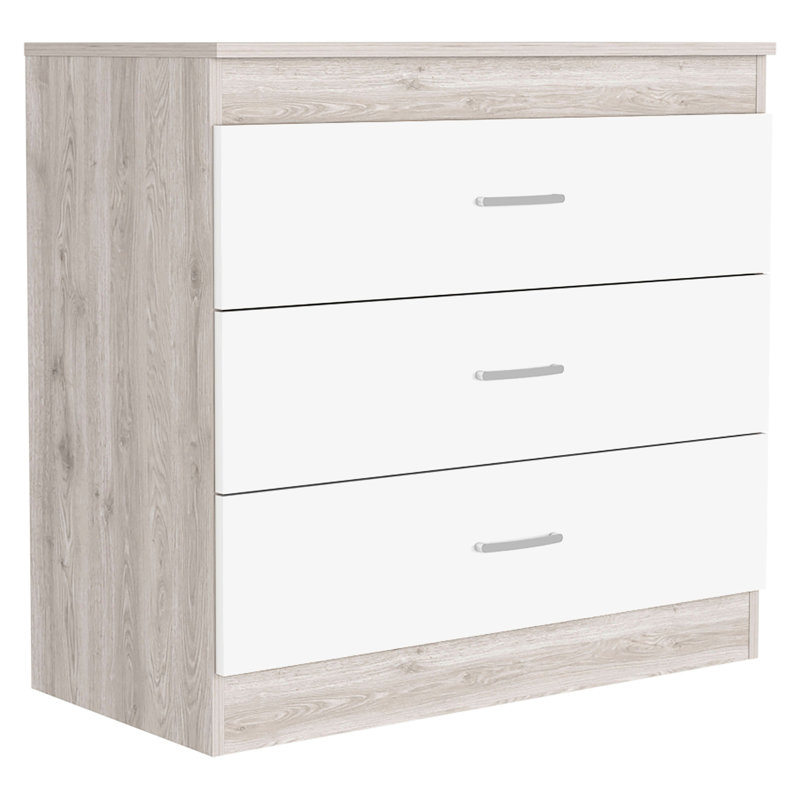 Commode H 29 po, trois tiroirs, quincaillerie en métal, plateau supérieur, gris clair / blanc
