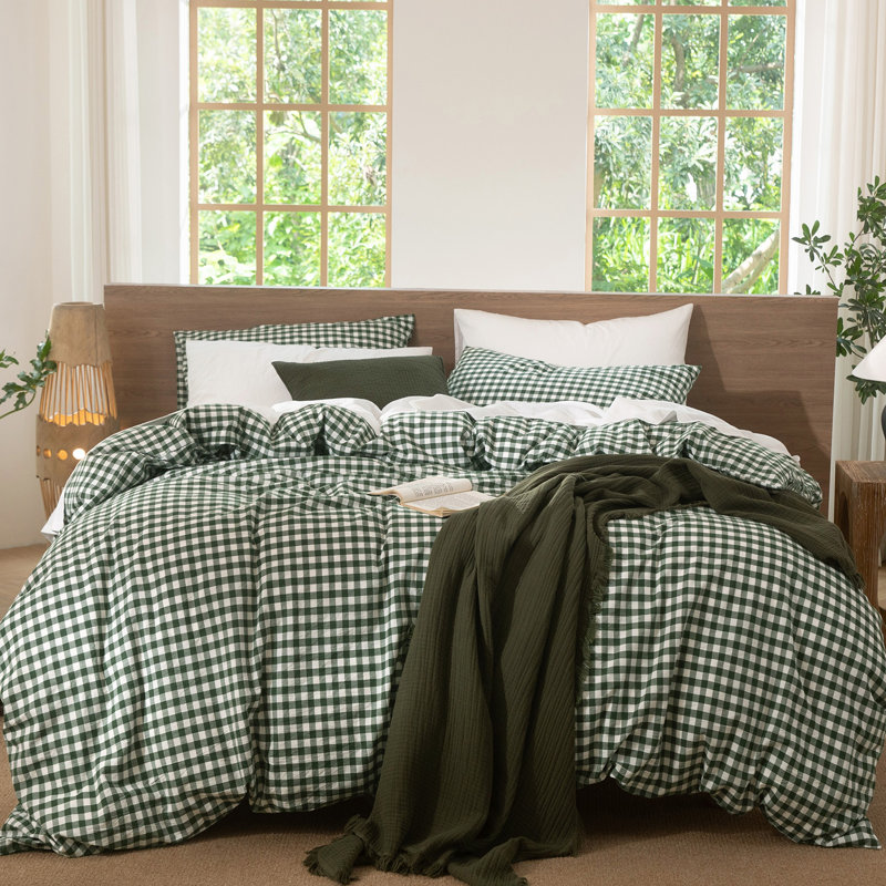 MooMee Gingham Duvet Cover Set 100% Washed Cotton Linen Like Lightweight, Forest Green