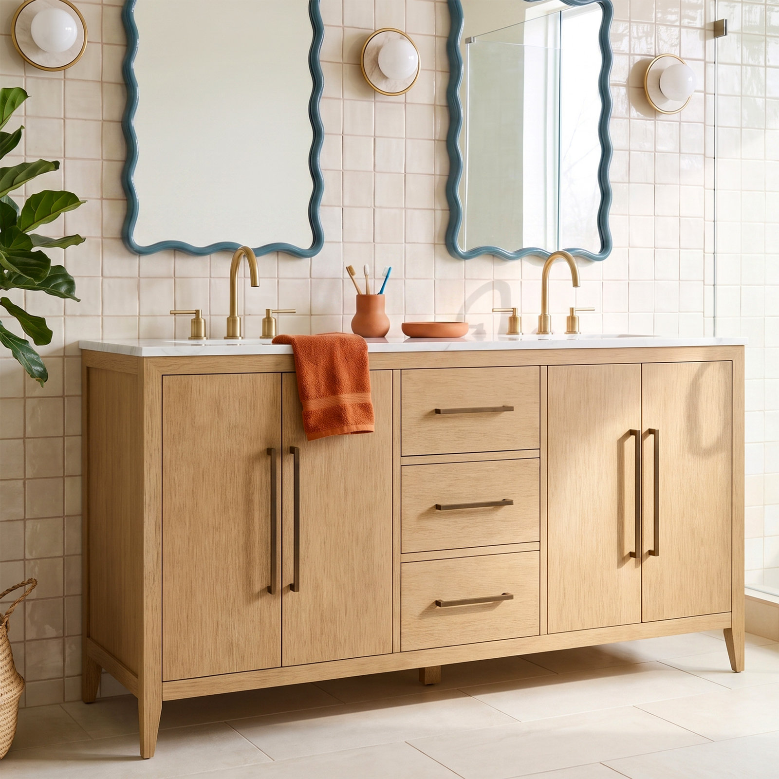 Alsup 60" Double Bathroom Vanity, Brown Oak