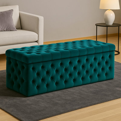 Lux Wide Velvet Chesterfield Rectangle Solid Color Standard Ottoman Box with Storage