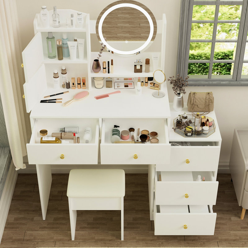Fashionable Vanity Table With Lights & Mirror, 3 Lighting Modes, White, Bedroom Storage, Adjustable Shelf Modern Makeup Chair And - Shelves, Multiple