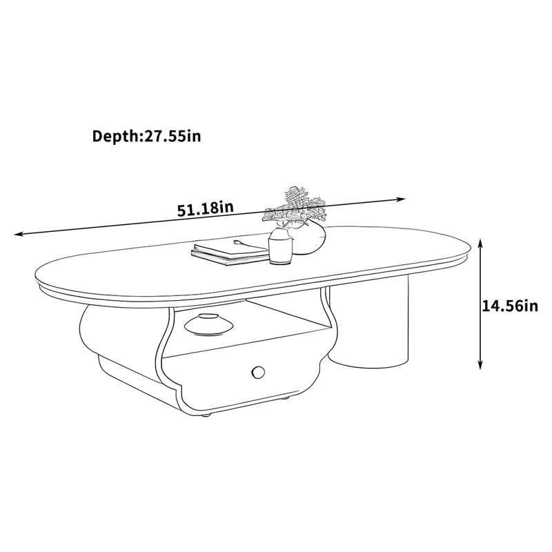 Table basse durable en pierre frittée avec tiroir, H 14,56 po x L 51,18 po x l 27,55 po, Blanc, Noir