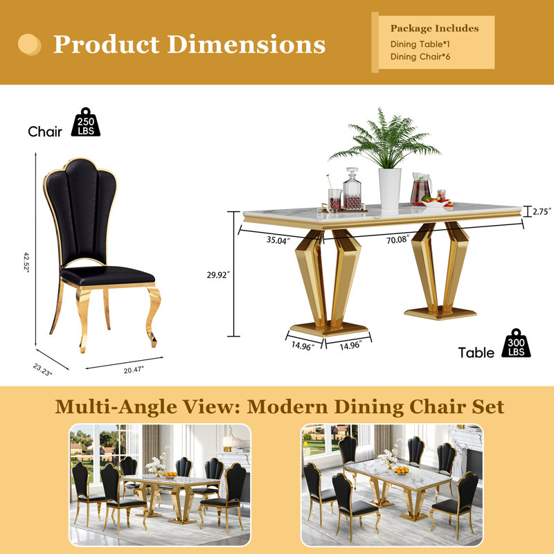 7-Piece Dining Table Set with Marble Veneer Tabletop and PU Leather Chairs – Modern Dining Room Furniture, Seats 6