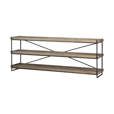 Console de 80 pouces en bois massif brun clair et noir et fer, avec deux tablettes
