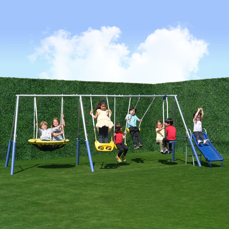 Sportspower Blue and Yellow Galvanized Metal Swing Set with Slide