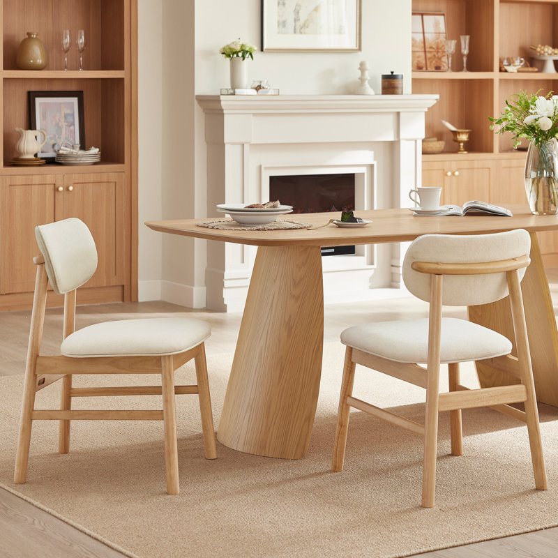 Chaise rembourrée en chenille avec pieds en bois d'hévéa, Crème, crème, Chêne