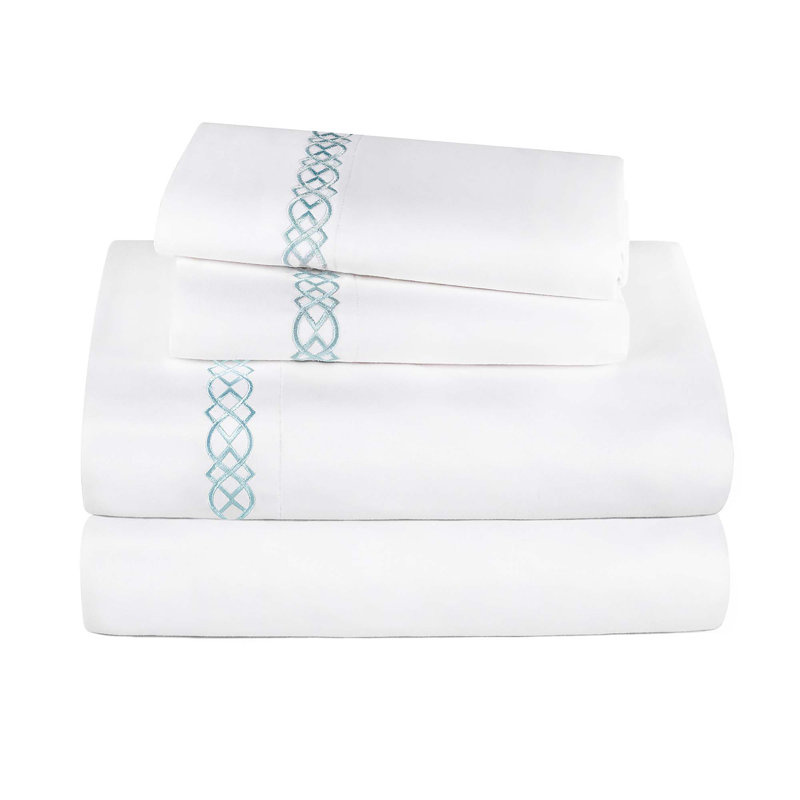 Infinity Scroll Embroidered Certified Egyptian Cotton 1000 Thread Count Bed Sheet Set, White/Blue