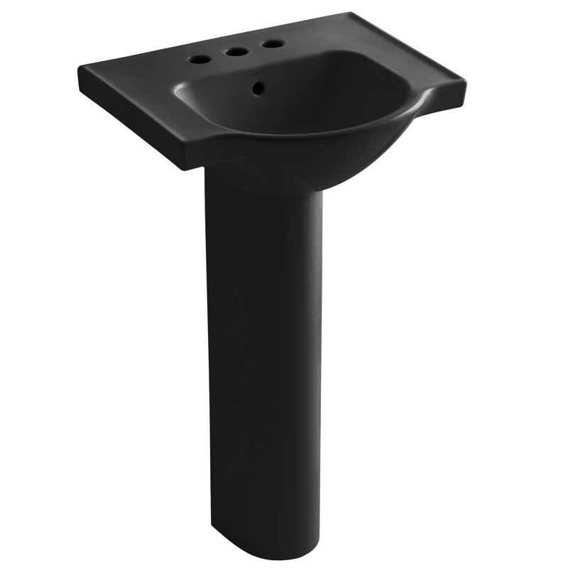 Veer™ Ceramic Pedestal Bathroom Sink with Overflow, Black, 4" Centers, 35.5" H x 24" L x 18.25" W