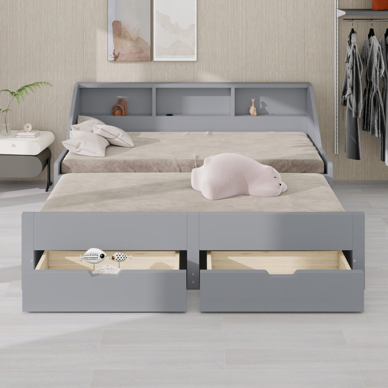 Daybed Frame With Storage Bookcases And Two Drawers,Charging Design, Gray