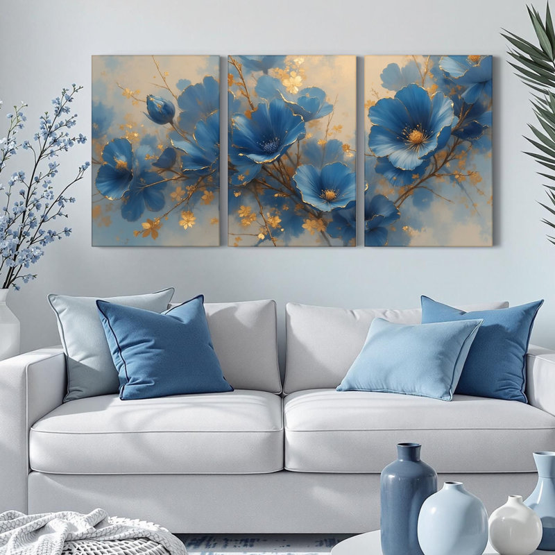 Tableau sur toile tendue à motif floral bleu avec accents dorés (paquet de 3), H 24 po x l 48 po