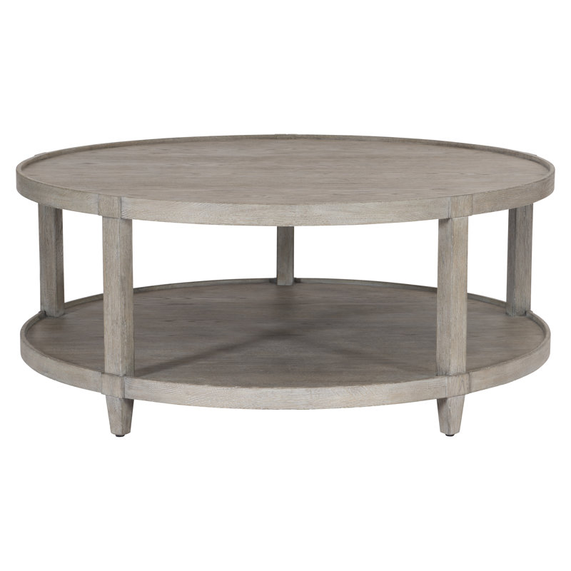 Transitional Cerused Oak Round Coffee Table with Storage in Pewter Gray