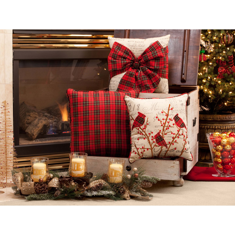 Holiday Plaid Bowknot Embroidered Square Throw Pillow