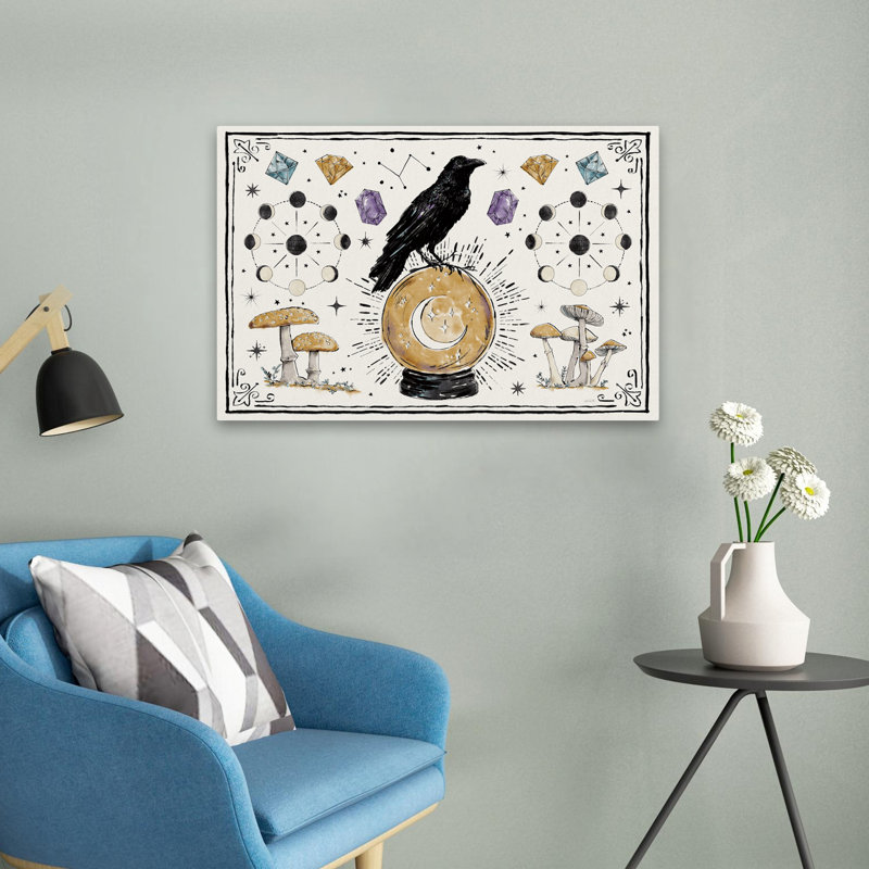 Mystic Moon I - animaux oiseaux noir et bleu, H 16 po x l 24 po