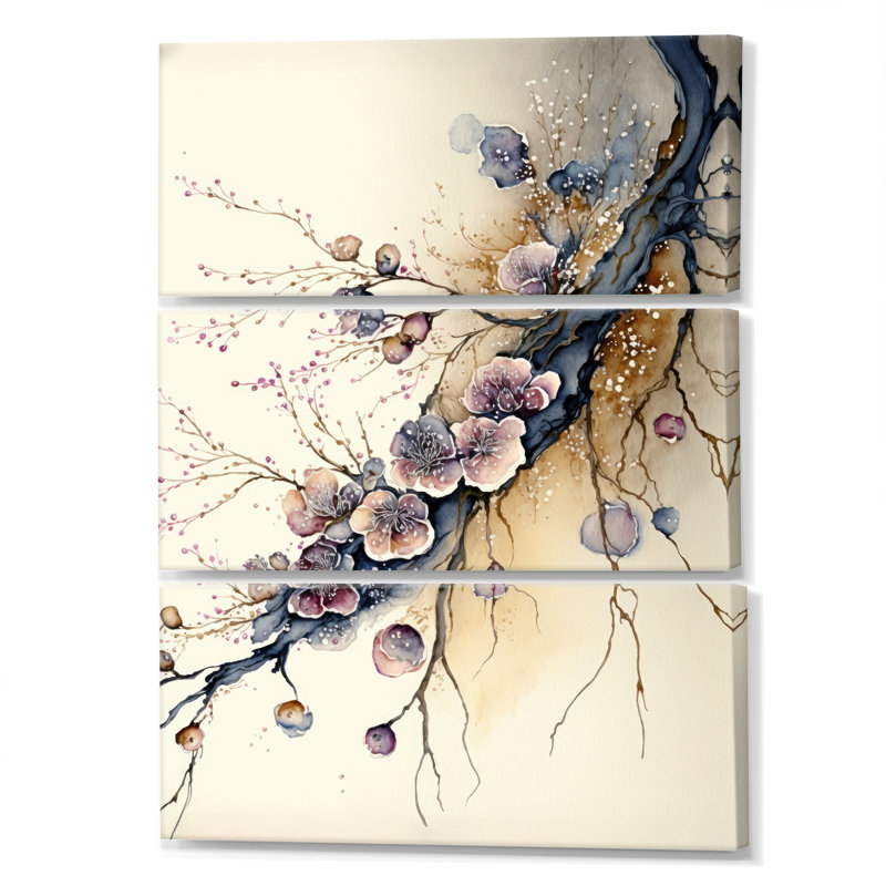 "Bethanie" rose et prune, branche de cerisier en fleurs II sur toile, 3 pièces