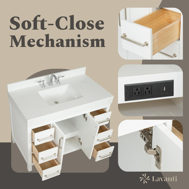 Lavanti Valvet 42 Inch Bathroom Vanity with Sink – 100% Premium Solid Wood, Stylish White Vanity Bathroom with Storage Cabinet – Modern Bathroom Vanities with Single Vanity Sink & 4" Quartz Countertop