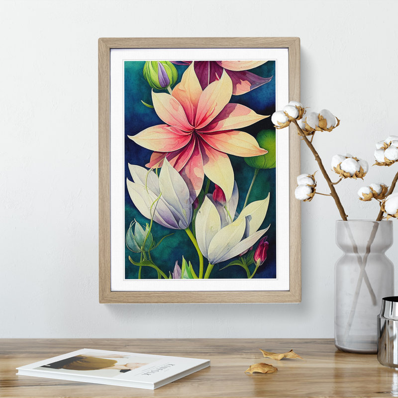 Beautiful Watercolour Flowers No.6 - Wall Art, 36cm H x 27cm W x 2cm D, Oak Framed, White