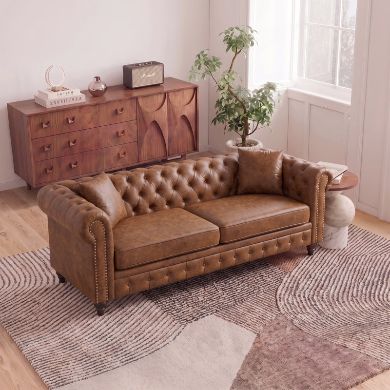 Canapé Chesterfield 85,5 po avec accoudoirs roulés, capitonnage et coussins de salon, Brun