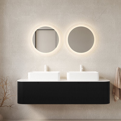 Meuble-lavabo de salle de bain 60 po avec lavabo, lavabo à fixation murale à bords arrondis flottants avec 2 tiroirs, 2 lavabos rectangulaires en céramique blanc, sans robinet, pré-assemblé, noir