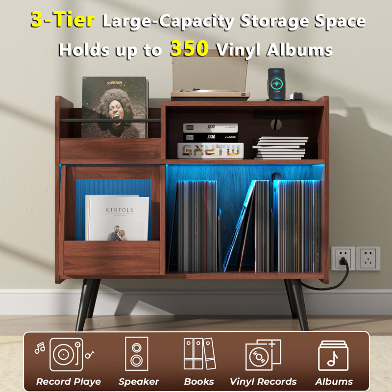 Large Record Player Stand, 350 Vinyl Record Storage Holder with Power Outlet and LED Light