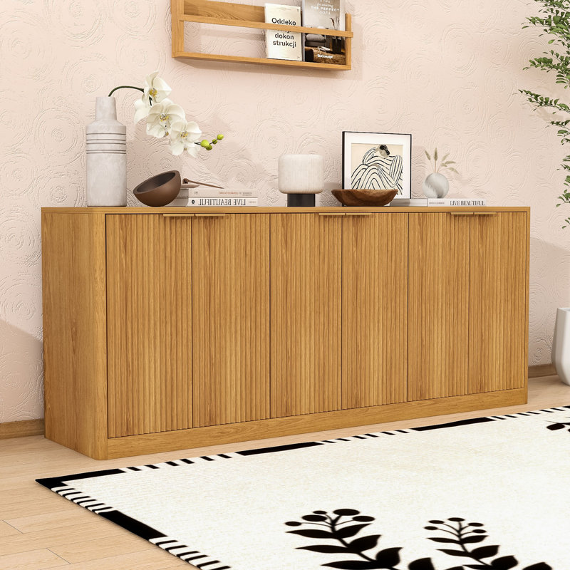 Wavy Sideboard with 6-Door Storage Cabinet, Multi-Functional TV Stand or Buffet Table for Living Room, Natural