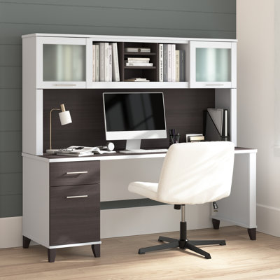 Paelynn 72” Office Desk with Hutch, Drawers, Computer Desk with Storage, Modern Wood, Storm Gray and White