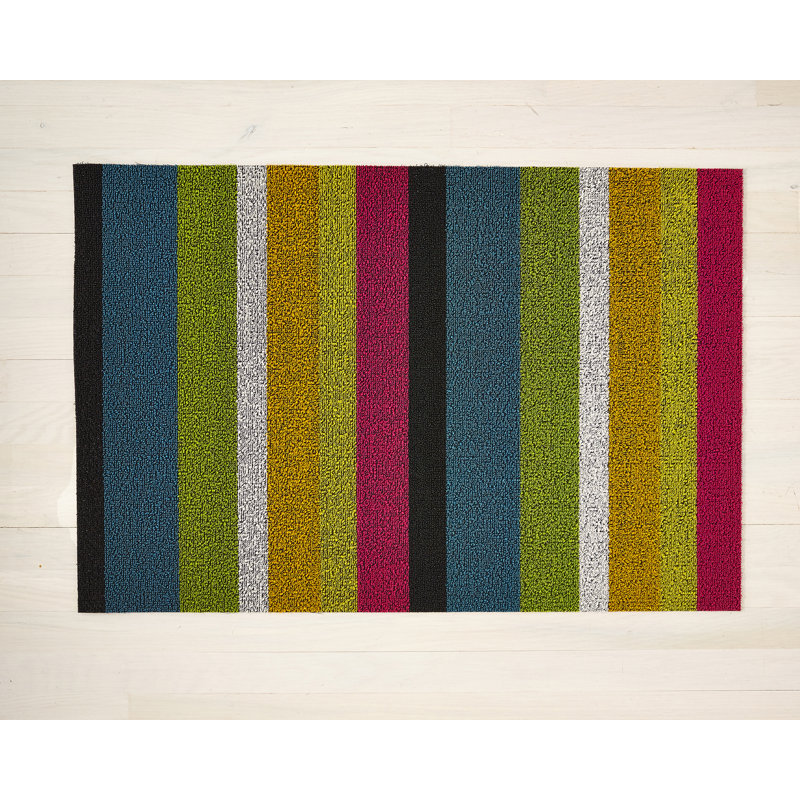 Striped Indoor / Outdoor Doormat, 0.6cm H x 61cm W x 91cm L, Green/Blue/Pink
