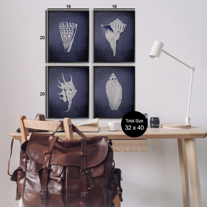  Shells on Indigo Gradient 4 PC, estampe numérique par Graffi * Tee Studios, H 20 po x l 16 po, Giclée encadrée noir minuit