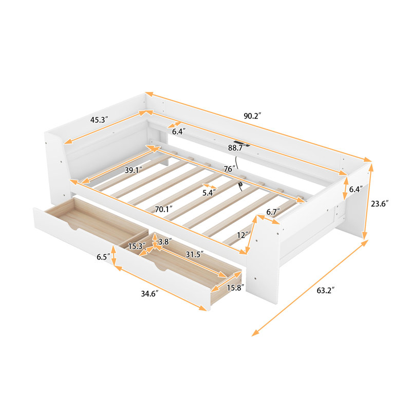 Daybed with Shelves, Drawers and Built-In Charging Station, White
