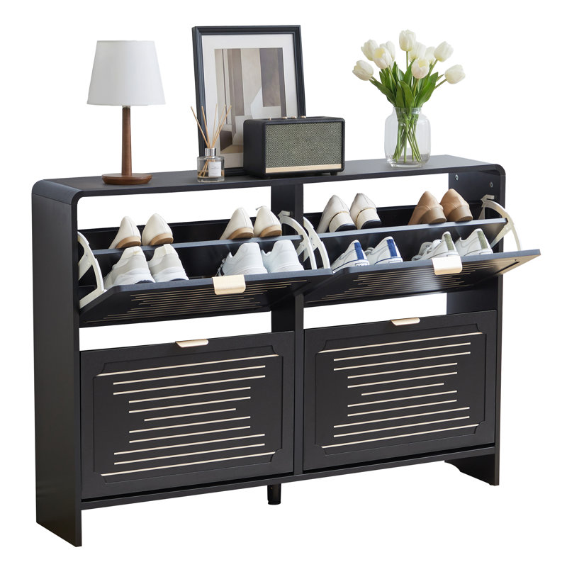 24 Pair Shoes Storage Cabinet With 4 Flip Drawer, Black