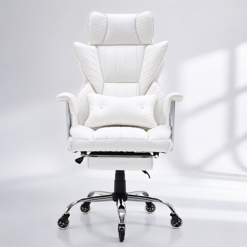 Fauteuil de bureau inclinable avec repose-pieds, revêtement en cuir PU résistant, assise large, soutien lombaire, base métallique robuste, roulettes silencieuses, blanc