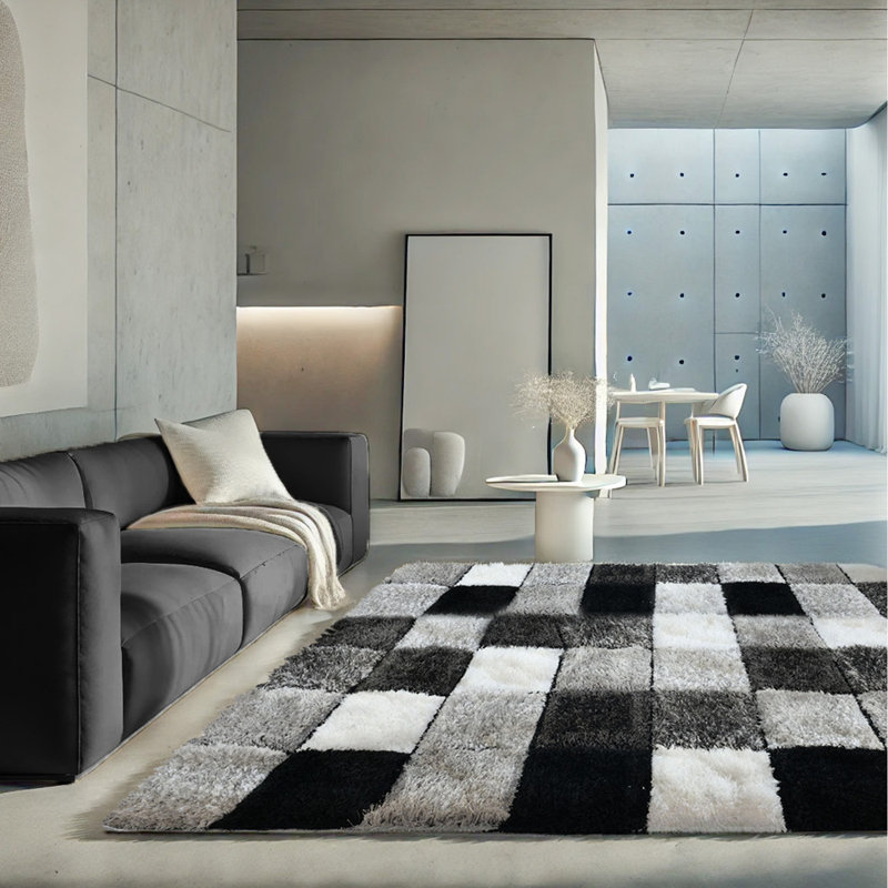 Shaggy Blocks High Pile Rug - Black, Rectangle 80 x 150 cm