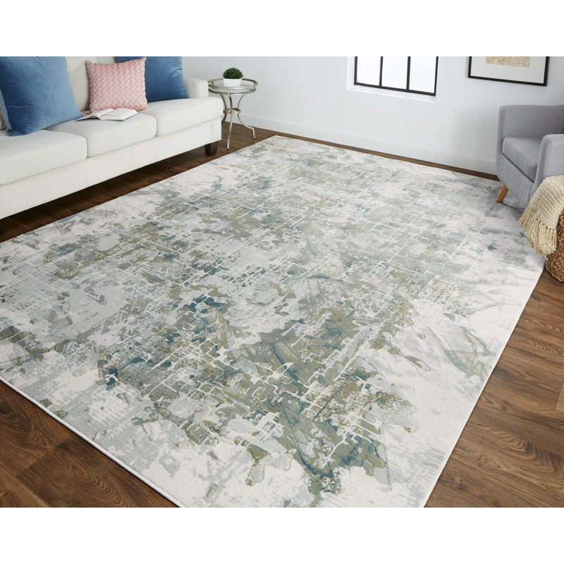 Tapis abstrait ivoire / vert Aybek, Rectangle 8 pi x 10 pi