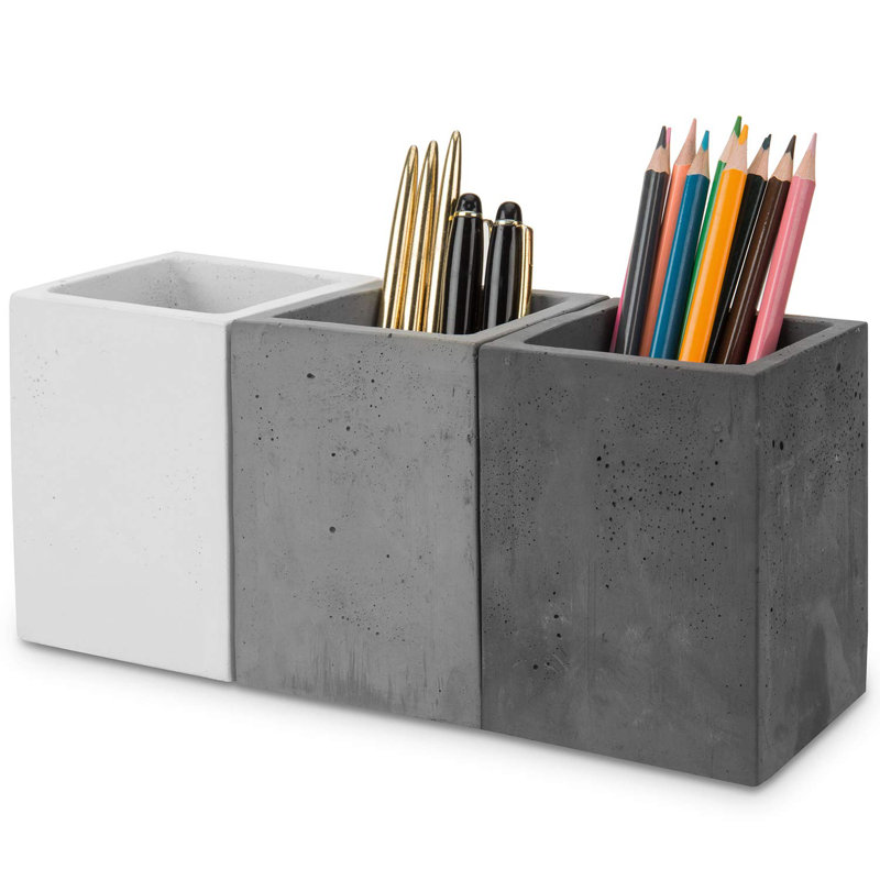 Set of 3 Gray and White Concrete Square Pen Holders