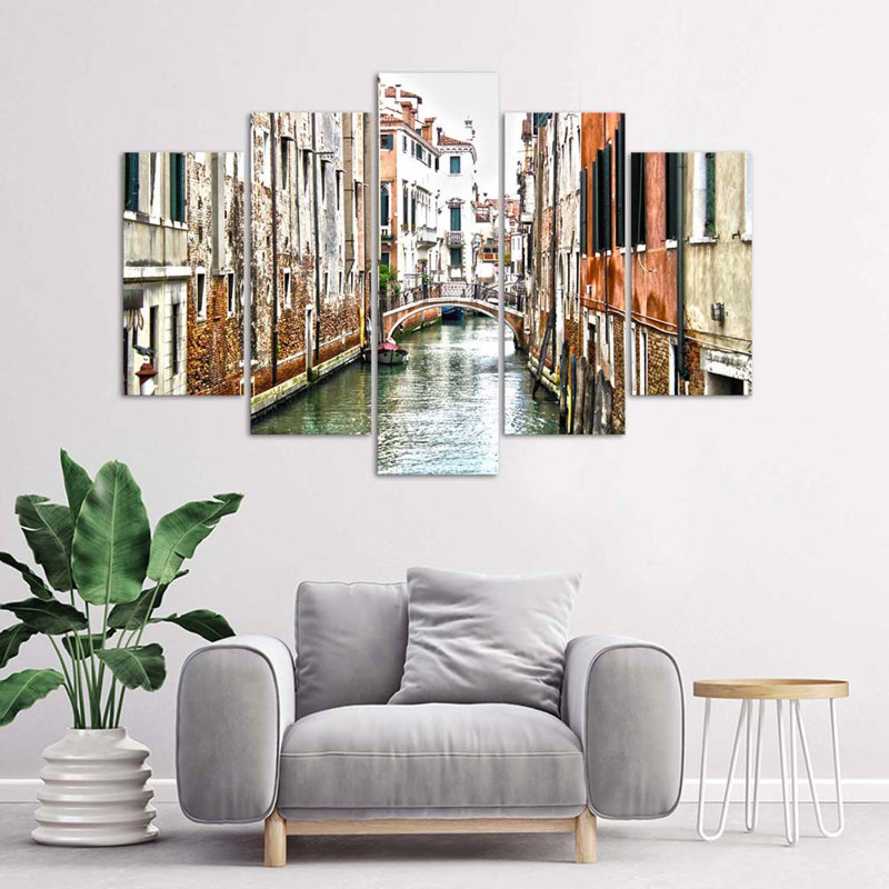Venice Canal, Italy City - 5 Piece No Frame Print on Canvas, 100cm H x 200cm W