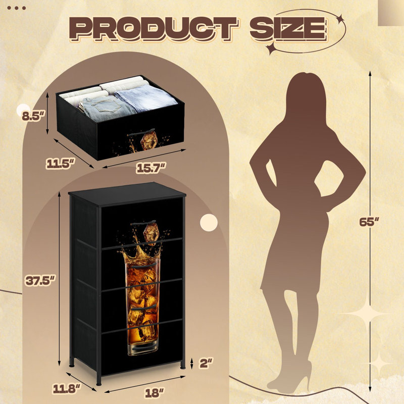 Commode pour chambre à coucher avec 4 tiroirs de rangement Whisky Glass Ice Cubes Splashing Amber Liquor
