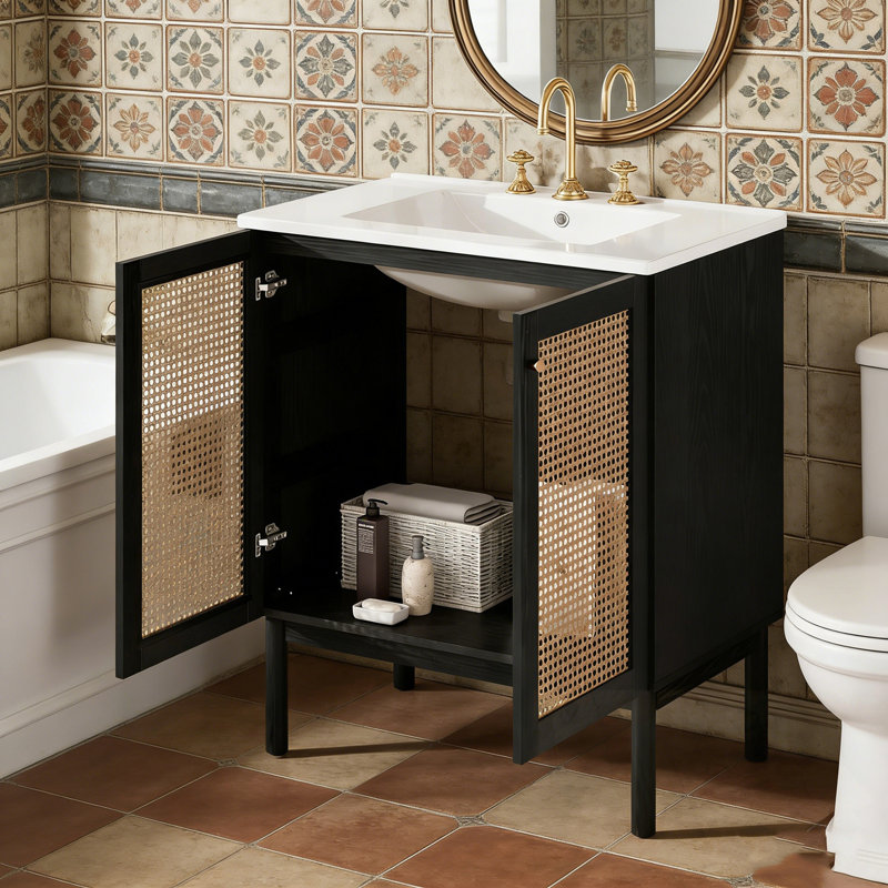 Meuble-lavabo avec lavabo, 2 portes et poignées en métal, Noir