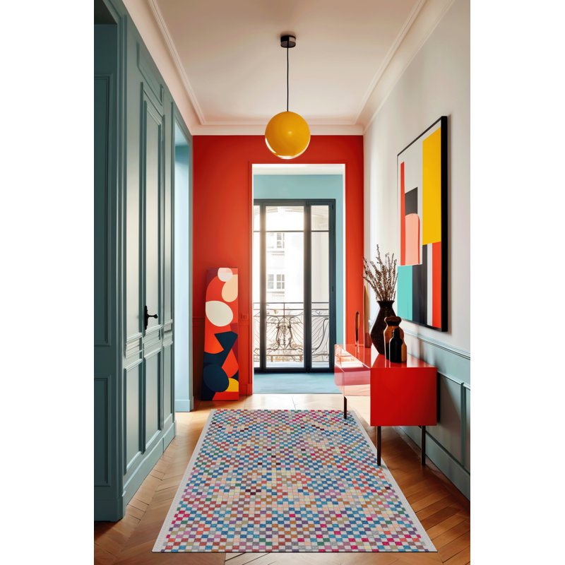 Multi-Colored Square Geometric Patterned Modern Decorative Rug, Runner 3'3.37" x 9'10.11"