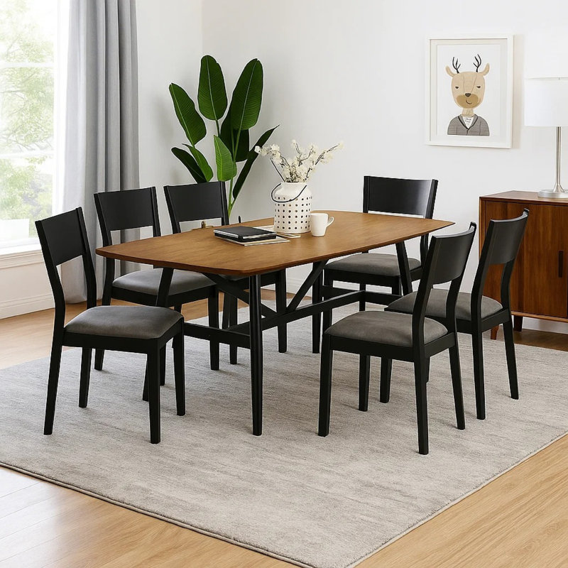 Ensemble de table de salle à manger 7 pièces Riera avec plateau en planches, 6 chaises en similicuir Riera