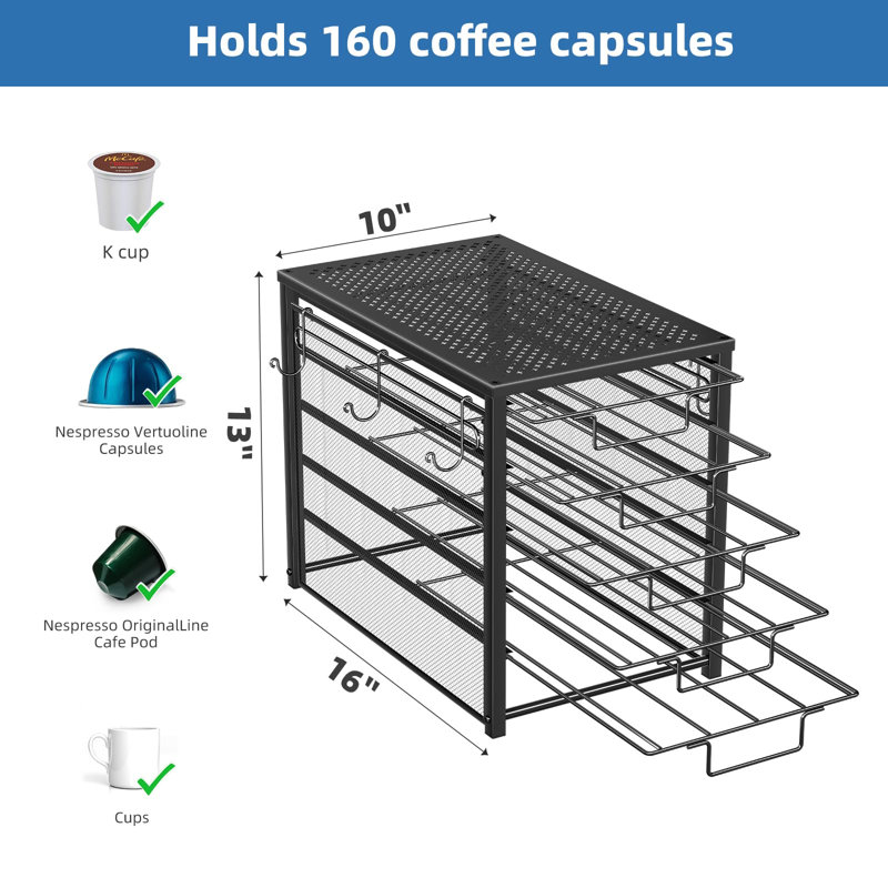 Porte-dosette à 5 niveaux pour K Cup, capacité de 160 dosettes, métal, noir