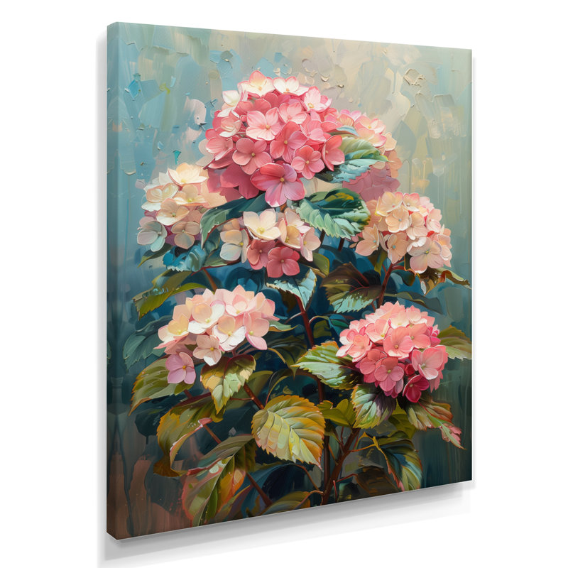 Hortensia rose et bleu qui fleurit en été IV - hydrangées, art mural, Toile tendue, H 12 po x l 20 po