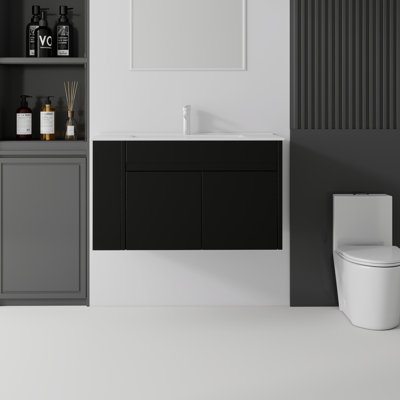 Flottant, meuble-lavabo de salle de bain avec lavabo, avec porte à fermeture en douceur, lavabo en céramique, contreplaqué, noir