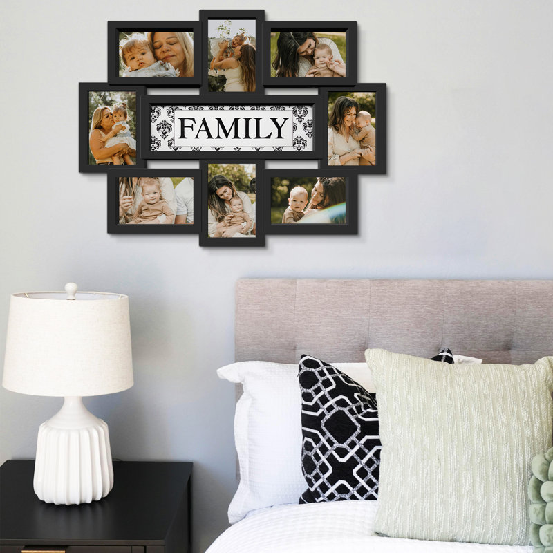 8 cadres photo tout-en-un de 8 ouvertures avec panneau décoratif central Family Family, cadre mural en PVC noir mat pouvant contenir des photos de famille standard de 4 x 6