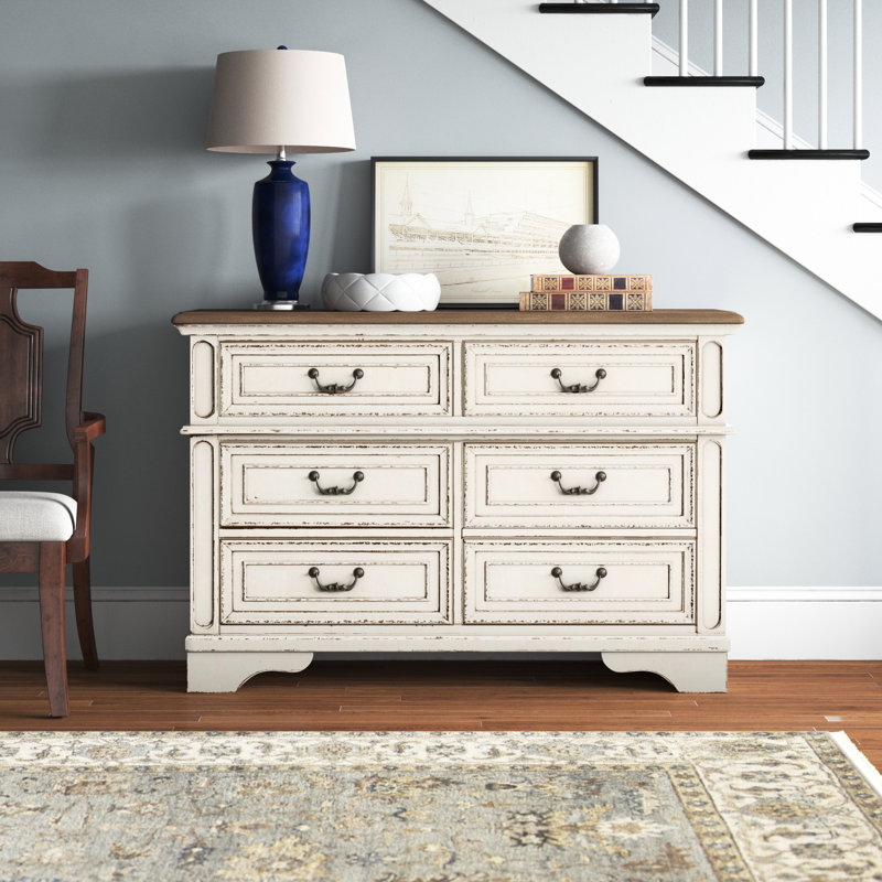 Cottage Charm White & Mahogany 6-Drawer Dresser with Mirror